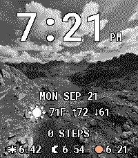 Black-and-white mountain photo with clock, date, weather, steps and solar times